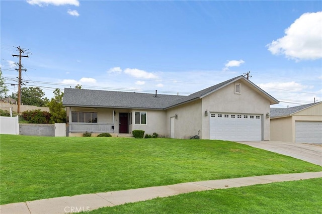 ranch-style house with driveway, a front yard, a garage, a shingled roof, and stucco siding