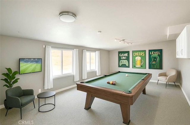 recreation room featuring baseboards, carpet floors, rail lighting, and billiards