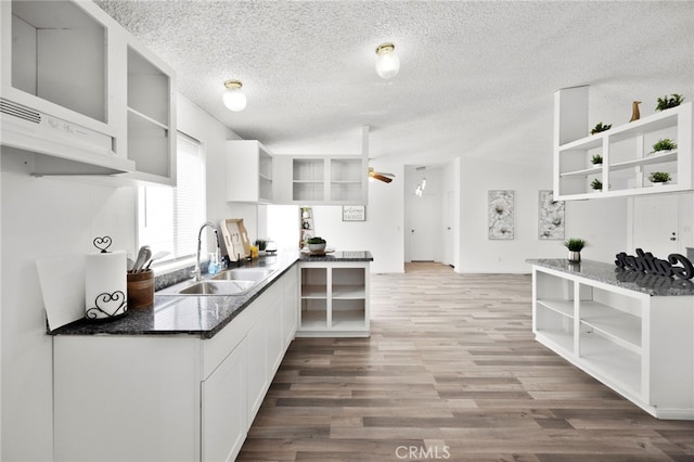 12859 Danbury St, Whitewater, CA 92282 - kitchen with open shelves, a sink, ceiling fan, a textured ceiling, and wood finished floors