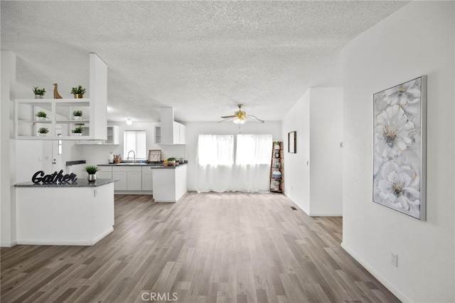 12859 Danbury St, Whitewater, CA 92282 - unfurnished living room with a textured ceiling, wood finished floors, a ceiling fan, baseboards, and a sink