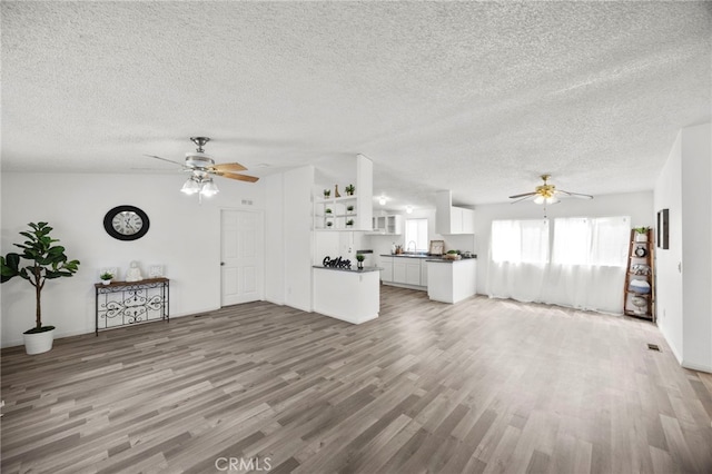 12859 Danbury St, Whitewater, CA 92282 - unfurnished living room featuring a ceiling fan, a textured ceiling, wood finished floors, and a sink