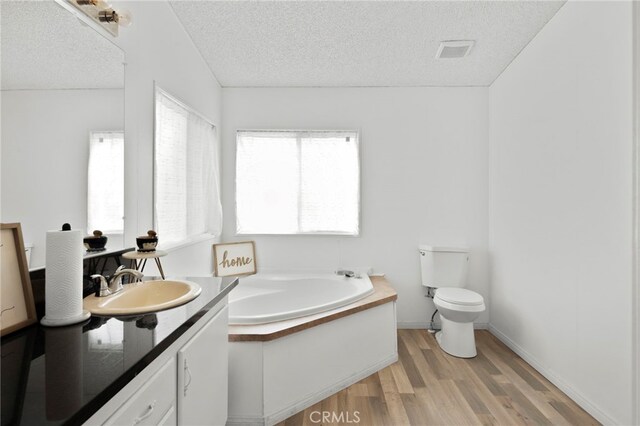 12859 Danbury St, Whitewater, CA 92282 - bathroom with a textured ceiling, wood finished floors, toilet, vanity, and a bath