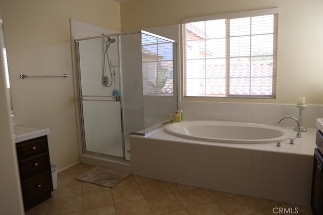 1730 W Alps Dr, Upland, CA 91784 - full bathroom featuring vanity, a bath, tile patterned flooring, and a stall shower