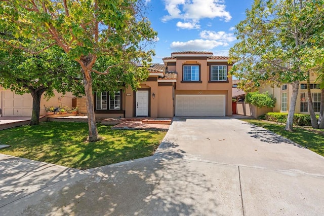 mediterranean / spanish-style house featuring a front lawn, a garage, stucco siding, a tiled roof, and driveway
