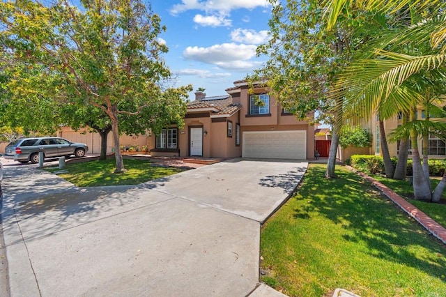 mediterranean / spanish-style house with an attached garage, a front lawn, a tile roof, stucco siding, and concrete driveway