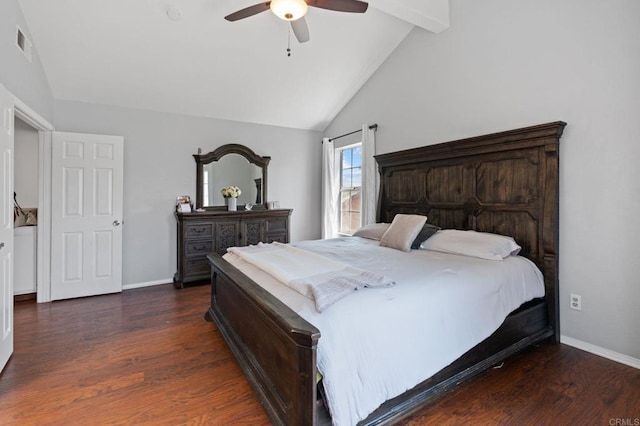 bedroom with baseboards, visible vents, and lofted ceiling with beams