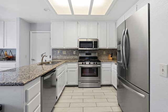 kitchen featuring a sink, appliances with stainless steel finishes, white cabinets, and tasteful backsplash