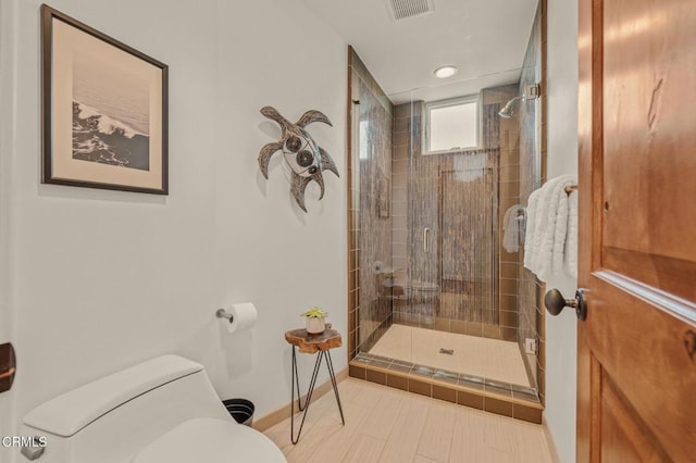 full bathroom featuring visible vents, toilet, baseboards, recessed lighting, and a stall shower