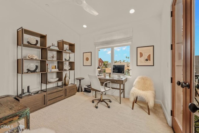 home office featuring carpet floors, recessed lighting, and baseboards