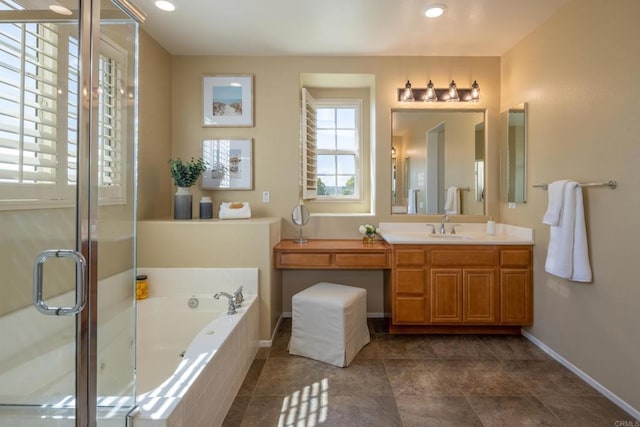 1185 Parkview Dr, Oceanside, CA 92057 - full bath featuring baseboards, vanity, a stall shower, and a bath