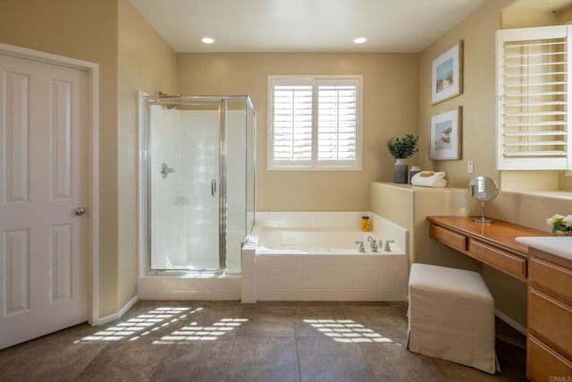 1185 Parkview Dr, Oceanside, CA 92057 - full bathroom with tile patterned flooring, a stall shower, a bath, and vanity