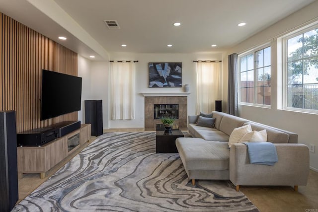 1185 Parkview Dr, Oceanside, CA 92057 - living area featuring recessed lighting, light colored carpet, visible vents, and a fireplace