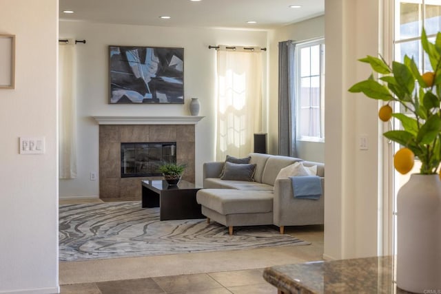 1185 Parkview Dr, Oceanside, CA 92057 - living area with a tiled fireplace, recessed lighting, carpet, and tile patterned floors