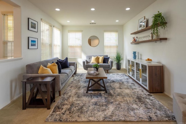 1185 Parkview Dr, Oceanside, CA 92057 - living room with baseboards, light carpet, and recessed lighting