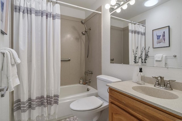 bathroom featuring vanity, toilet, and shower / tub combo with curtain