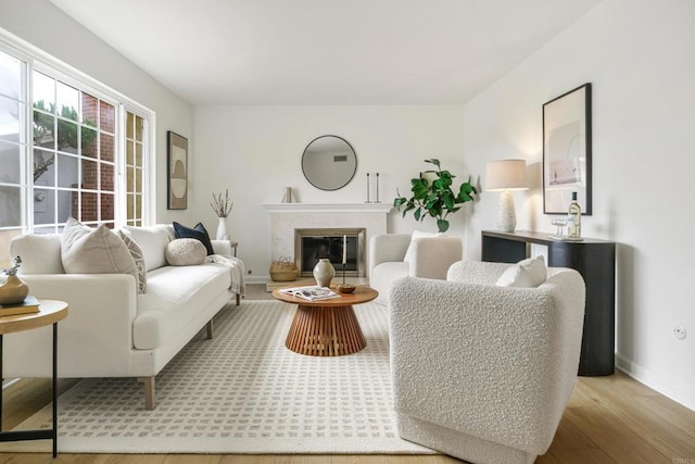 living area featuring baseboards, wood finished floors, and a premium fireplace
