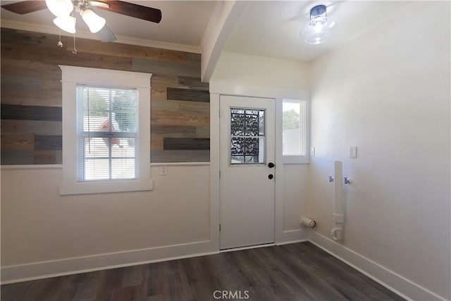 11743 Hillview Ct, Whittier, CA 90601 - doorway to outside with wooden walls, crown molding, ceiling fan, baseboards, and dark wood-style floors