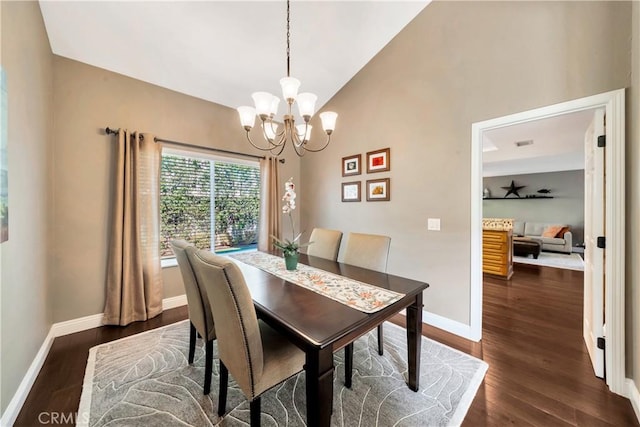 dining area with baseboards, an inviting chandelier, and dark wood-style floors