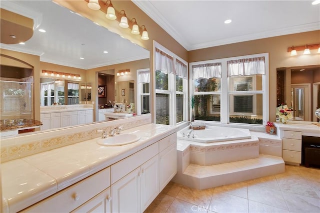 3988 Keri Way, Fallbrook, CA 92028 - full bath with ornamental molding, a bath, tile patterned flooring, two vanities, and tiled shower