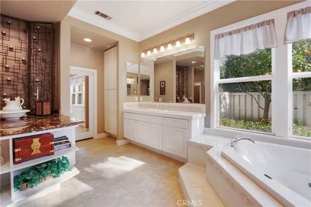 3988 Keri Way, Fallbrook, CA 92028 - full bath featuring plenty of natural light, a bath, crown molding, vanity, and tile patterned flooring