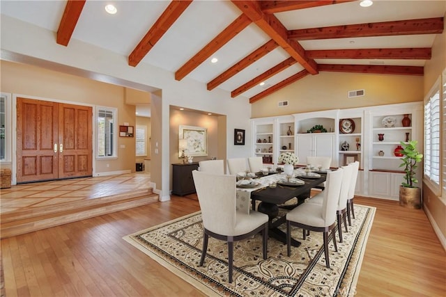 3988 Keri Way, Fallbrook, CA 92028 - dining room featuring light wood finished floors, beamed ceiling, recessed lighting, baseboards, and high vaulted ceiling