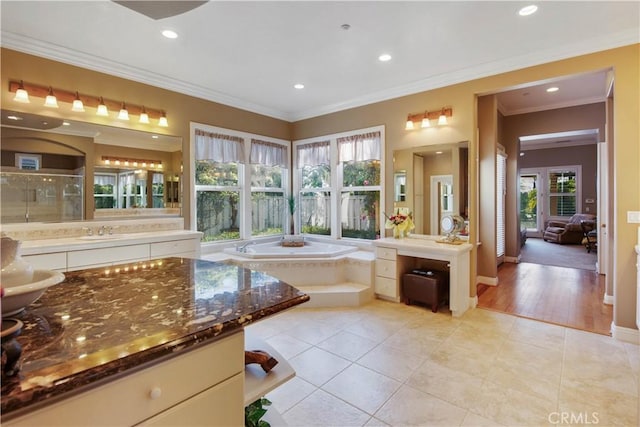 3988 Keri Way, Fallbrook, CA 92028 - bathroom with recessed lighting, tile patterned flooring, crown molding, a shower stall, and a garden tub