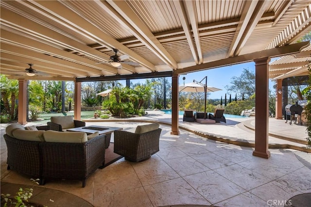 3988 Keri Way, Fallbrook, CA 92028 - view of patio / terrace with ceiling fan, outdoor lounge area, a pergola, an outdoor pool, and area for grilling