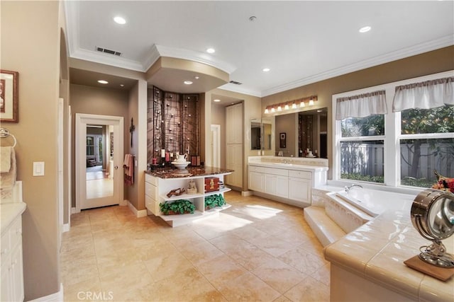 3988 Keri Way, Fallbrook, CA 92028 - full bath featuring ornamental molding, a bath, vanity, recessed lighting, and baseboards