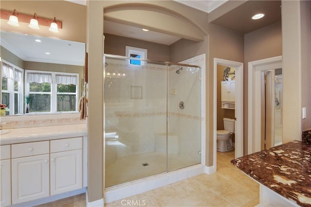 3988 Keri Way, Fallbrook, CA 92028 - full bathroom featuring ornamental molding, a stall shower, toilet, vanity, and tile patterned floors