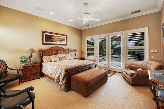 3988 Keri Way, Fallbrook, CA 92028 - bedroom with access to outside, light carpet, ornamental molding, a ceiling fan, and recessed lighting