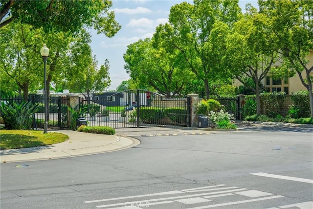 view of road featuring sidewalks, a gated entry, curbs, a gate, and street lights