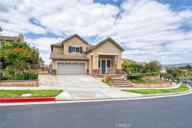 13837 Laguna St, La Mirada, CA 90638 - view of front of home featuring fence, an attached garage, stone siding, stucco siding, and concrete driveway