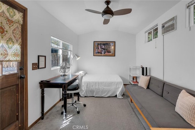 bedroom with carpet floors, baseboards, vaulted ceiling, and ceiling fan