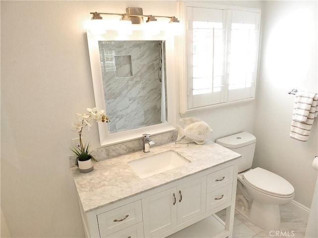 729 E Emerson Ave, Orange, CA 92865 - full bathroom with vanity, marble finish floor, a shower, toilet, and baseboards