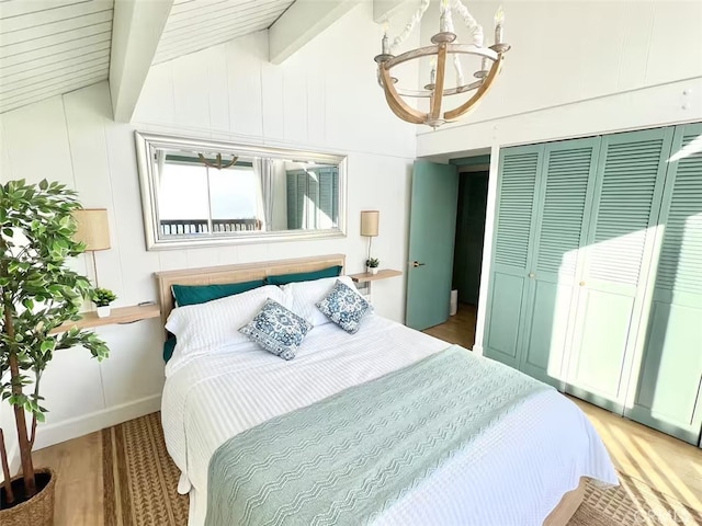 2012 Poplar Dr, Running Springs, CA 92382 - bedroom featuring a chandelier, wood finished floors, and a closet