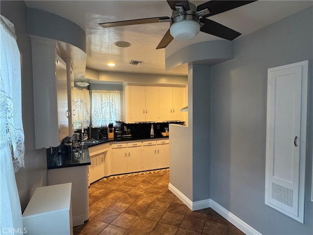812 N Dickel St, Anaheim, CA 92805 - kitchen with dark countertops, a ceiling fan, white cabinetry, decorative backsplash, and baseboards