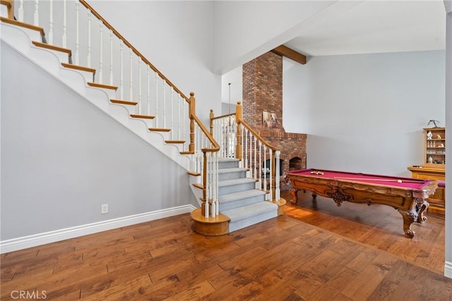 game room featuring beamed ceiling, baseboards, high vaulted ceiling, pool table, and hardwood / wood-style flooring