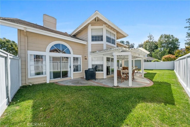 rear view of property featuring a chimney, a lawn, a patio area, a fenced backyard, and a pergola