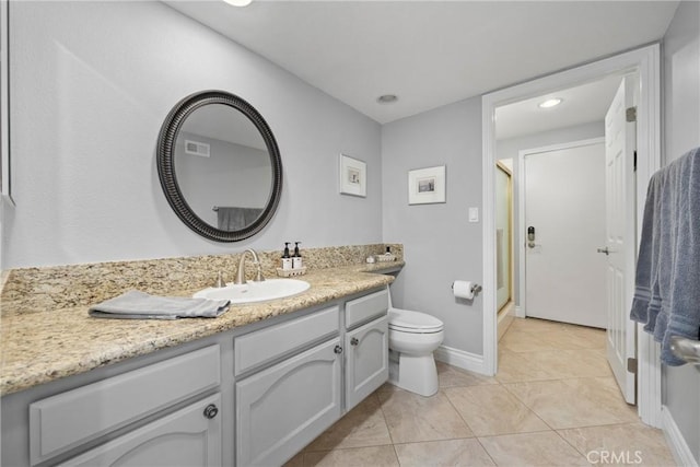 bathroom with vanity, visible vents, toilet, baseboards, and a stall shower