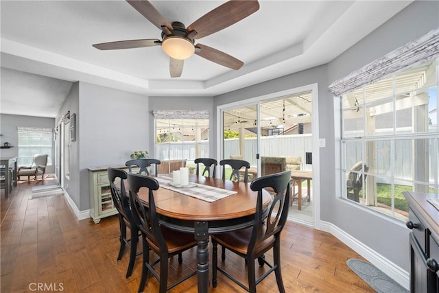 dining room with a raised ceiling, baseboards, a ceiling fan, and hardwood / wood-style floors