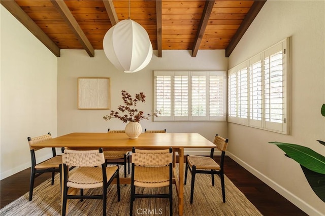 1541 Indiana Ave, South Pasadena, CA 91030 - dining space featuring wood ceiling, plenty of natural light, wood finished floors, baseboards, and lofted ceiling with beams