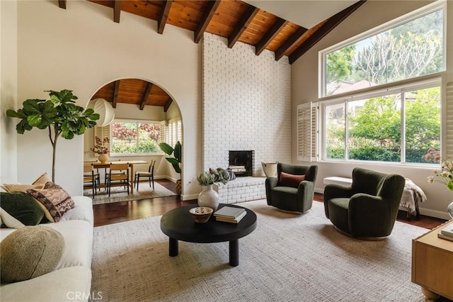 1541 Indiana Ave, South Pasadena, CA 91030 - living room featuring wood finished floors, beam ceiling, baseboards, high vaulted ceiling, and wooden ceiling