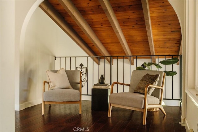 1541 Indiana Ave, South Pasadena, CA 91030 - sitting room featuring arched walkways, lofted ceiling with beams, wood finished floors, and wooden ceiling
