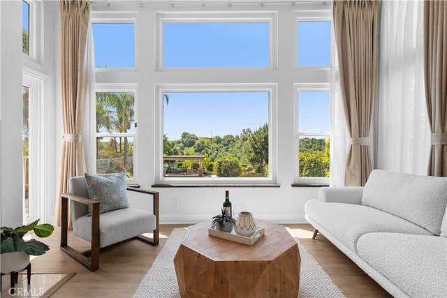 interior space featuring wood finished floors, baseboards, a healthy amount of sunlight, and a towering ceiling