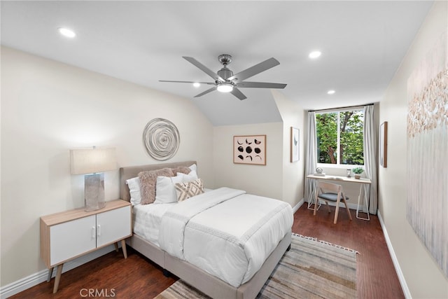 bedroom featuring baseboards, recessed lighting, dark wood-style flooring, and a ceiling fan