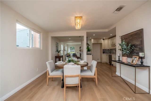 dining room featuring visible vents, light wood-style flooring, and baseboards