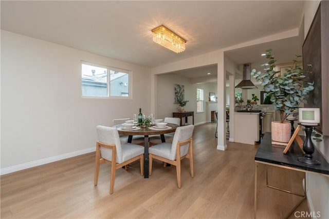 dining room featuring baseboards, light wood finished floors, and a healthy amount of sunlight
