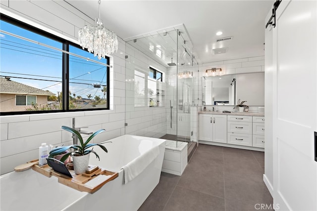 9401 Gateshead Dr, Huntington Beach, CA 92646 - bathroom with a shower stall, a healthy amount of sunlight, tile patterned flooring, and vanity
