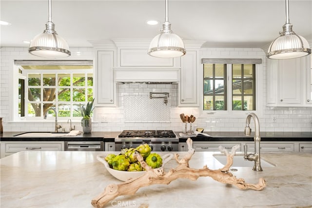 kitchen with backsplash, stainless steel dishwasher, stove, a sink, and white cabinetry