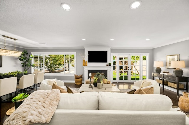 living area with crown molding, recessed lighting, wood finished floors, and a fireplace